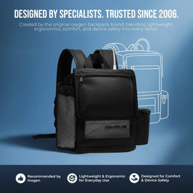 O2TOTES black oxygen backpack for Inogen One, ergonomic design, comfort features, mesh pocket.