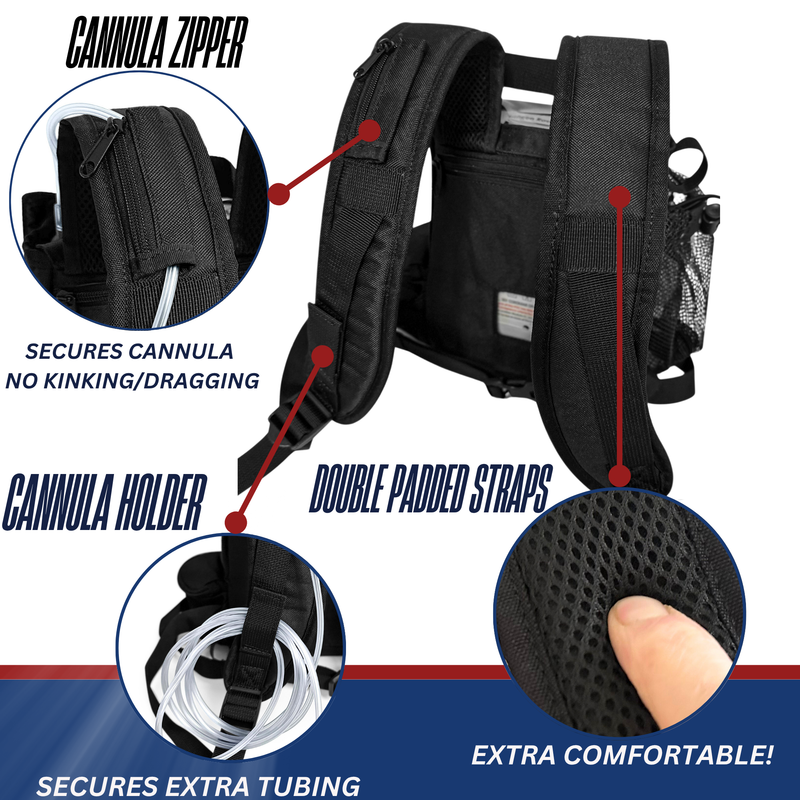 Inogen Rove 6 Ultra Lightweight Backpack with zippered bottom, mesh panels and pockets for Inogen Accessories in Black - O2TOTES