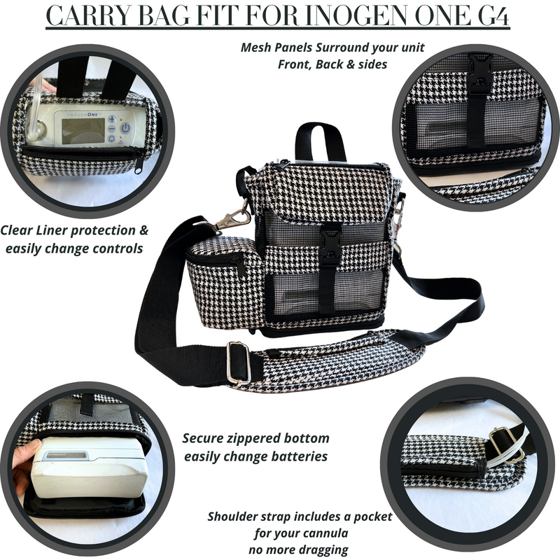 Carry Bag Fit For Inogen One G4, Crossbody & Purse in Black & white with pockets for extra Inogen accessories - O2TOTES