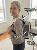 Woman wearing a unisex oxygen concentrator backpack with padded straps and breathable mesh panels