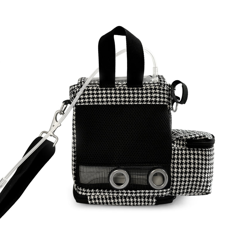 Carry Bag Fit For Inogen One G4, Crossbody & Purse in Black & white with pockets for extra Inogen accessories - O2TOTES