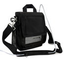 Black portable oxygen concentrator carry bag with shoulder strap and mesh pocket.