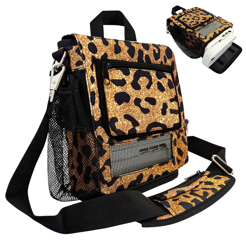 o2totes Inogen Rove 6 carry bag with pockets, leopard print design, mesh panels, pockets for accessories - O2TOTES