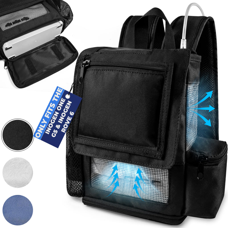 Inogen Rove 6 Ultra Lightweight Backpack with zippered bottom, mesh panels and pockets for Inogen Accessories in Black - O2TOTES